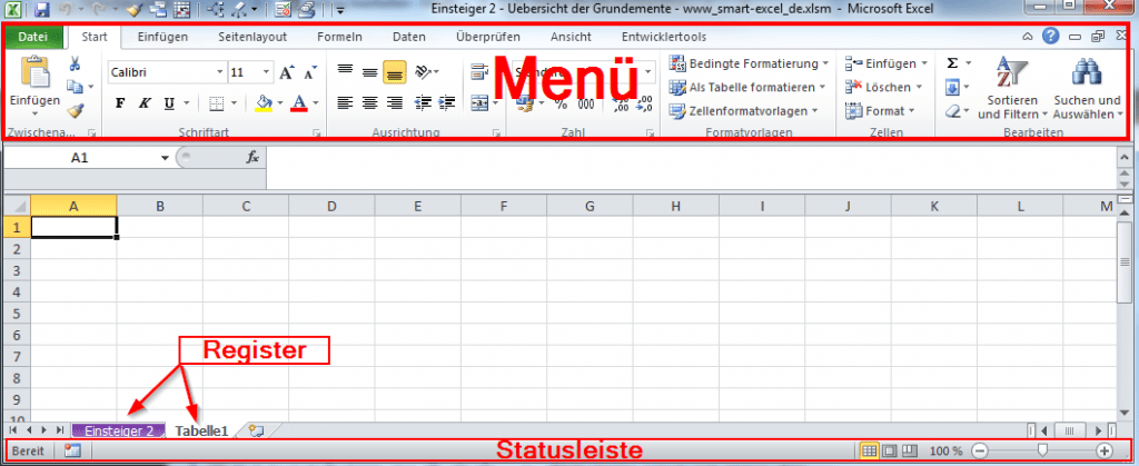 2 - Excelwerk_de - Uebersicht der Grundemente - Register Statusleiste Menue